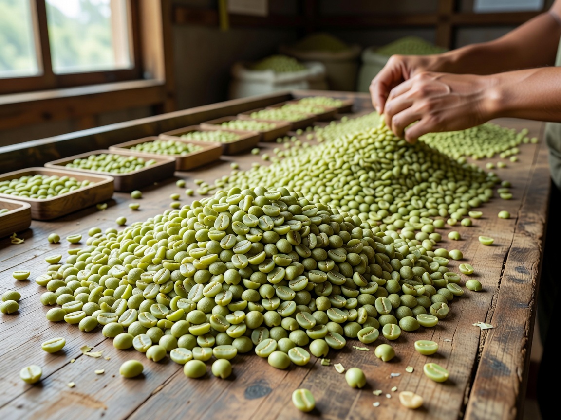 Fresh green coffee beans ready for micro-lot sorting