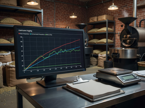 Roast curve logging interface on monitor in coffee roastery