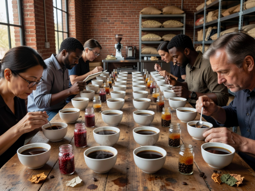 Specialty coffee cupping table evaluating new fermentation profiles