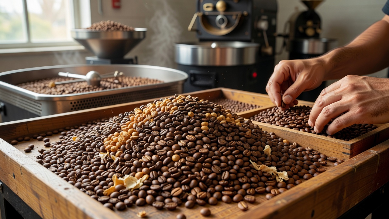 Specialty roasted coffee beans being sorted for peak quality